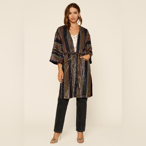 Skies Are Blue Striped Sequin Kimono - Picture 1 of 6